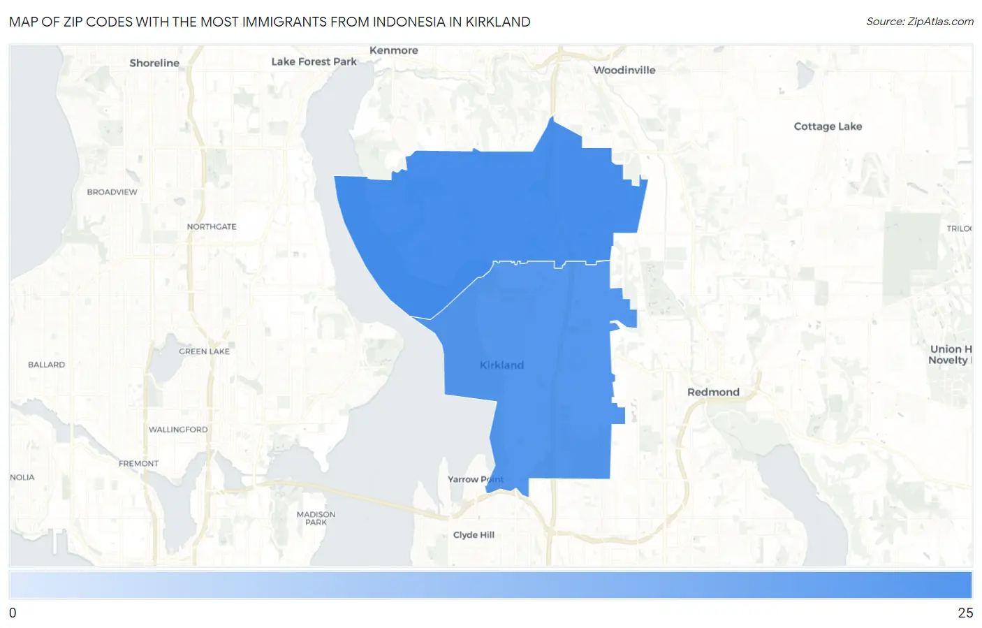 Zip Codes with the Most Immigrants from Indonesia in Kirkland Map