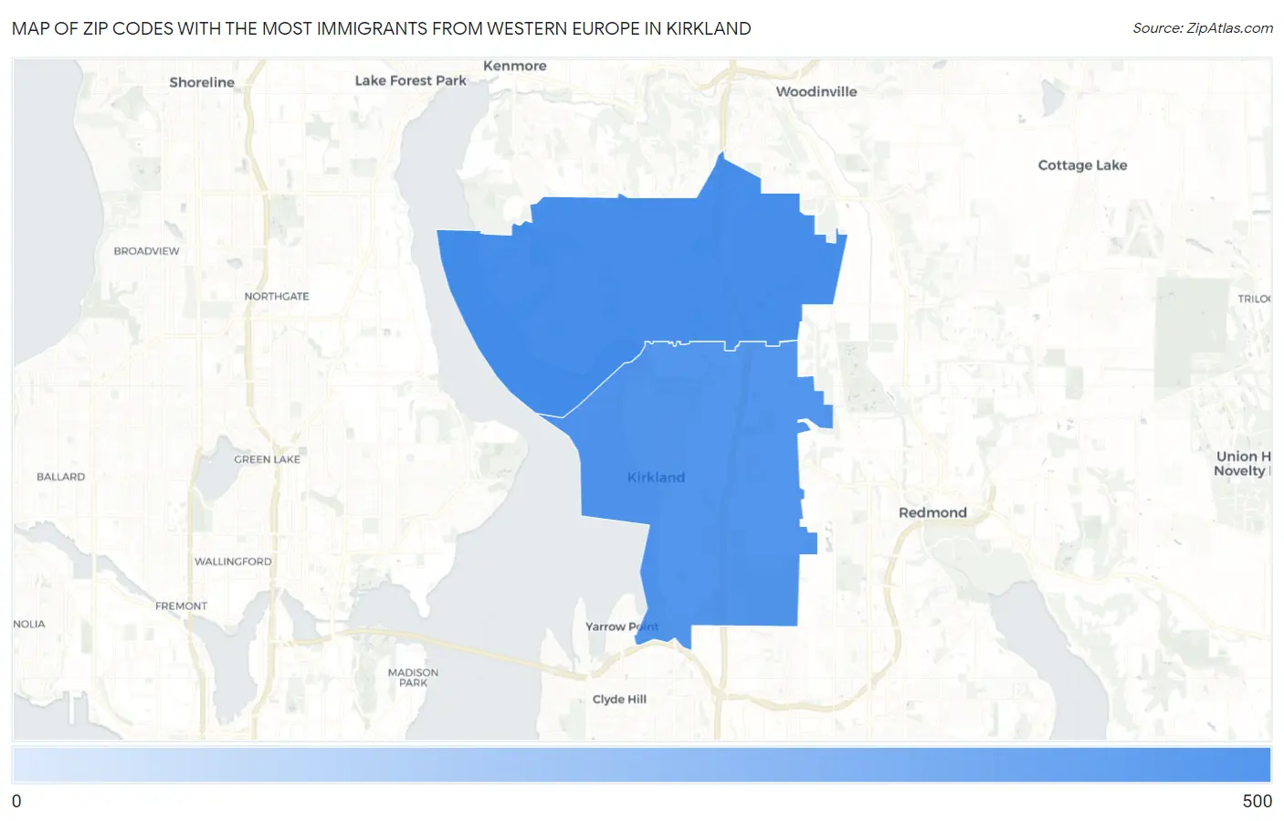 Zip Codes with the Most Immigrants from Western Europe in Kirkland Map