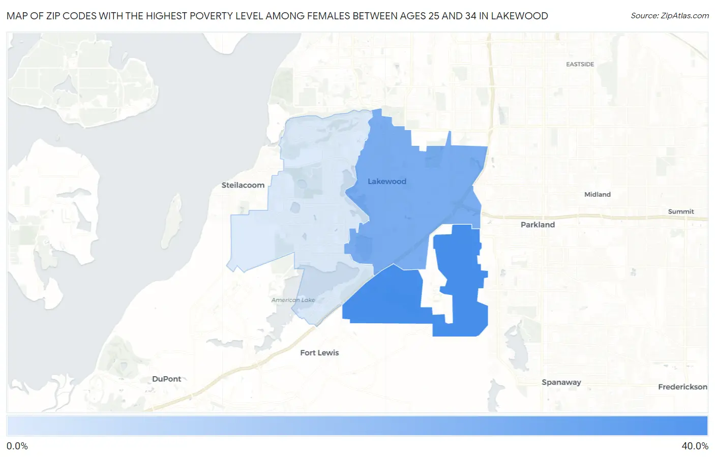 Zip Codes with the Highest Poverty Level Among Females Between Ages 25 and 34 in Lakewood Map