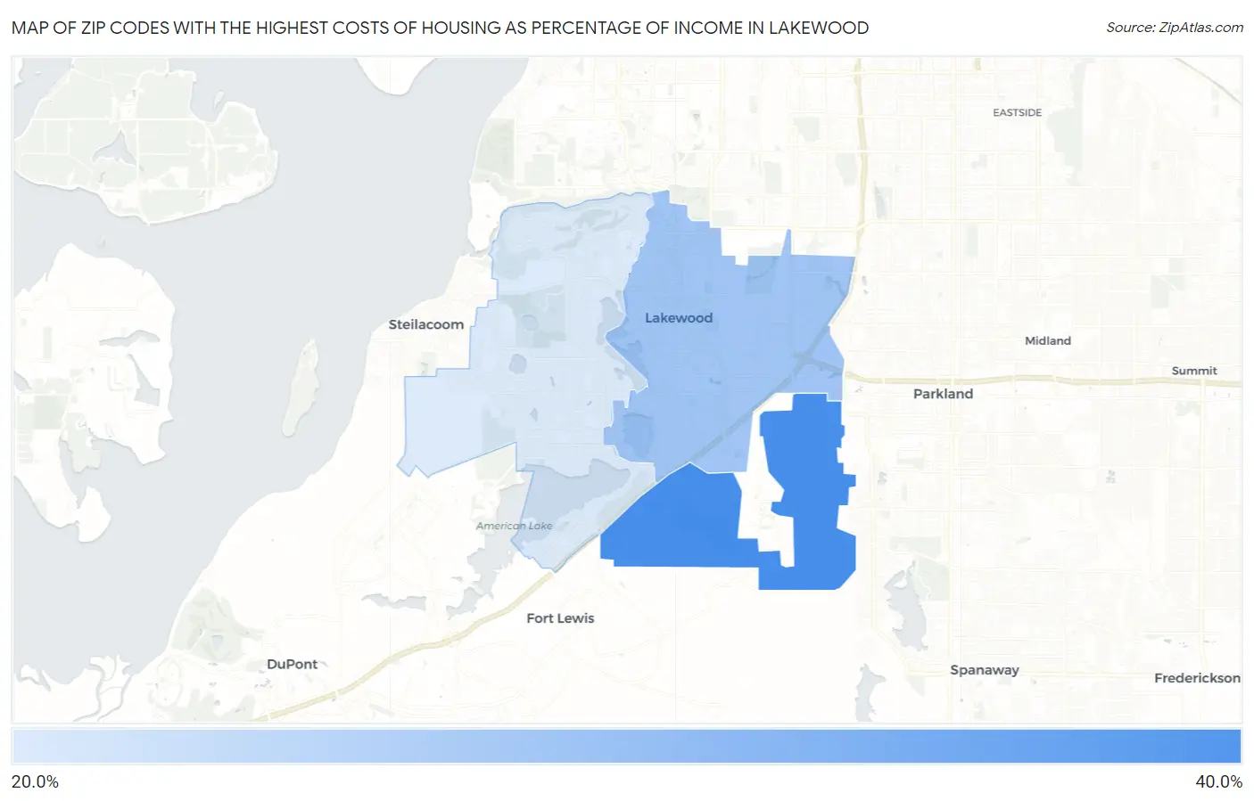 Zip Codes with the Highest Costs of Housing as Percentage of Income in Lakewood Map