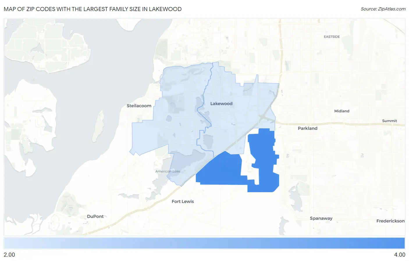 Zip Codes with the Largest Family Size in Lakewood Map