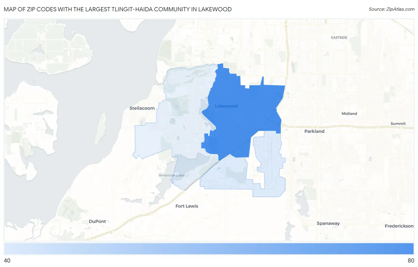 Zip Codes with the Largest Tlingit-Haida Community in Lakewood Map