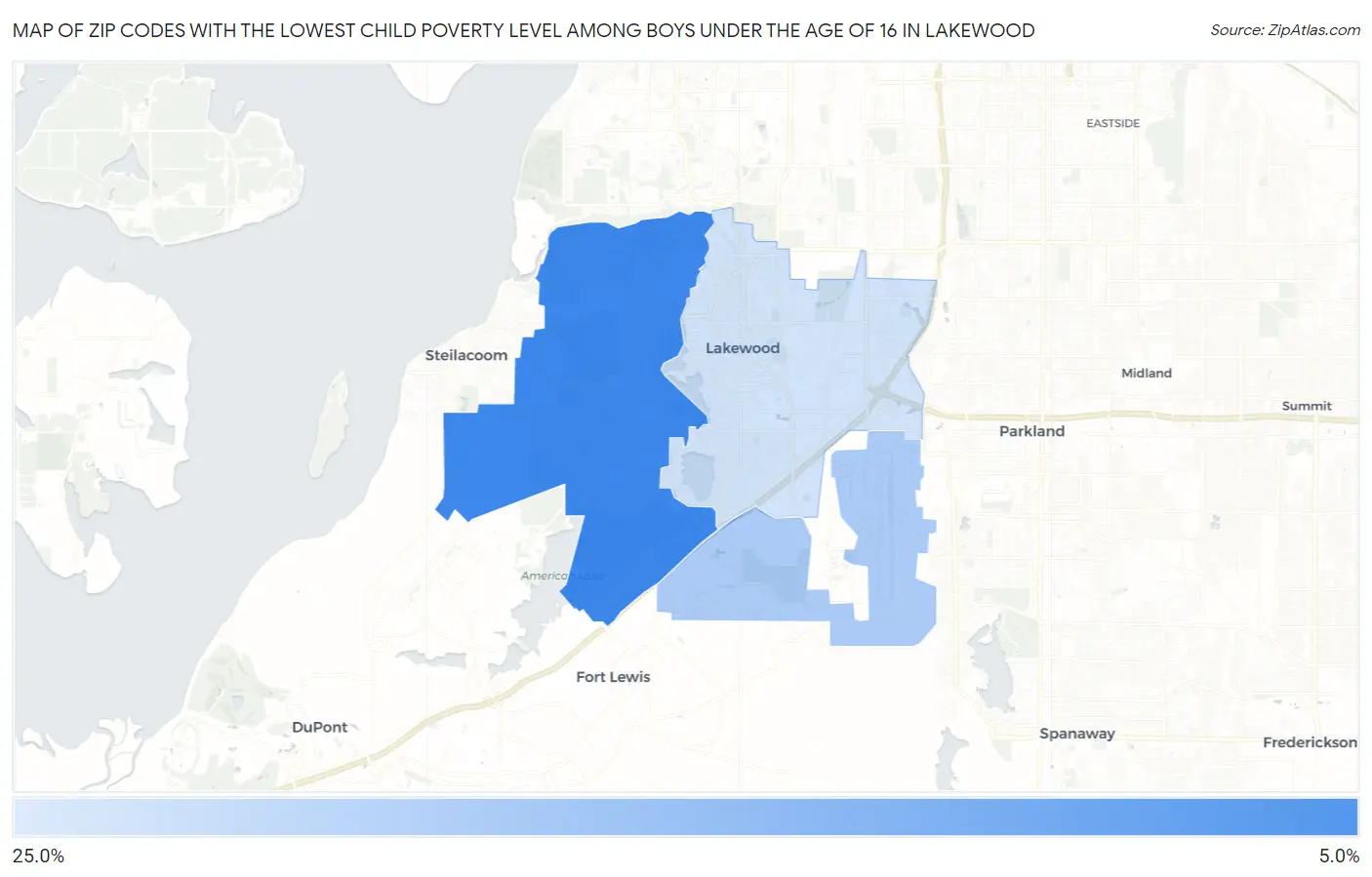 Zip Codes with the Lowest Child Poverty Level Among Boys Under the Age of 16 in Lakewood Map