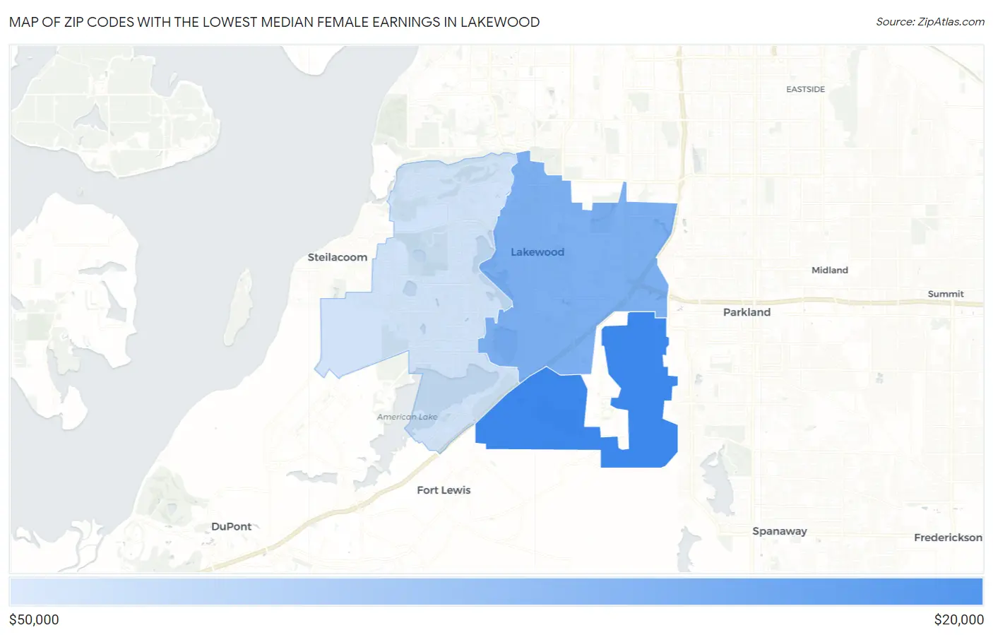 Zip Codes with the Lowest Median Female Earnings in Lakewood Map