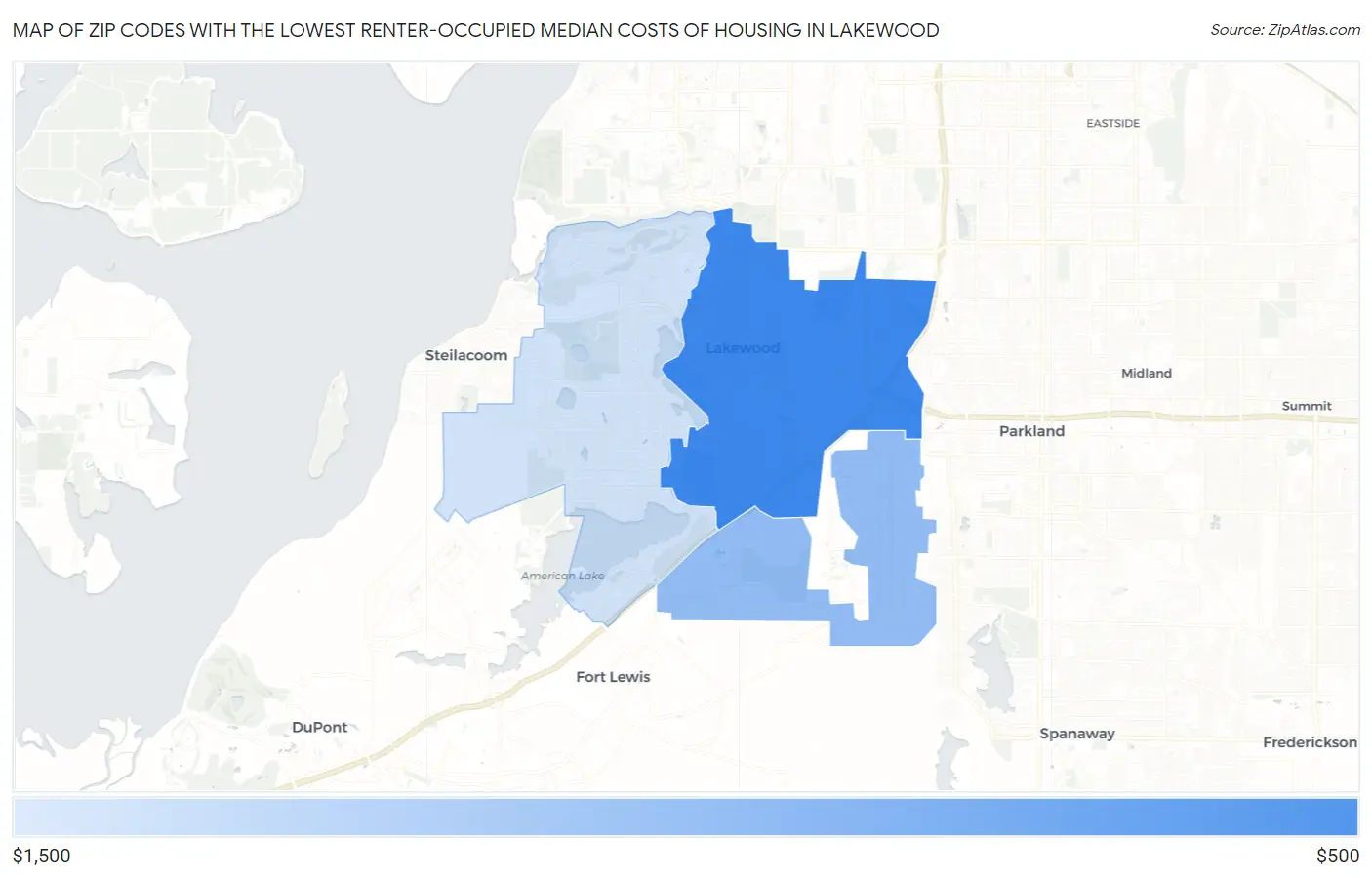 Zip Codes with the Lowest Renter-Occupied Median Costs of Housing in Lakewood Map