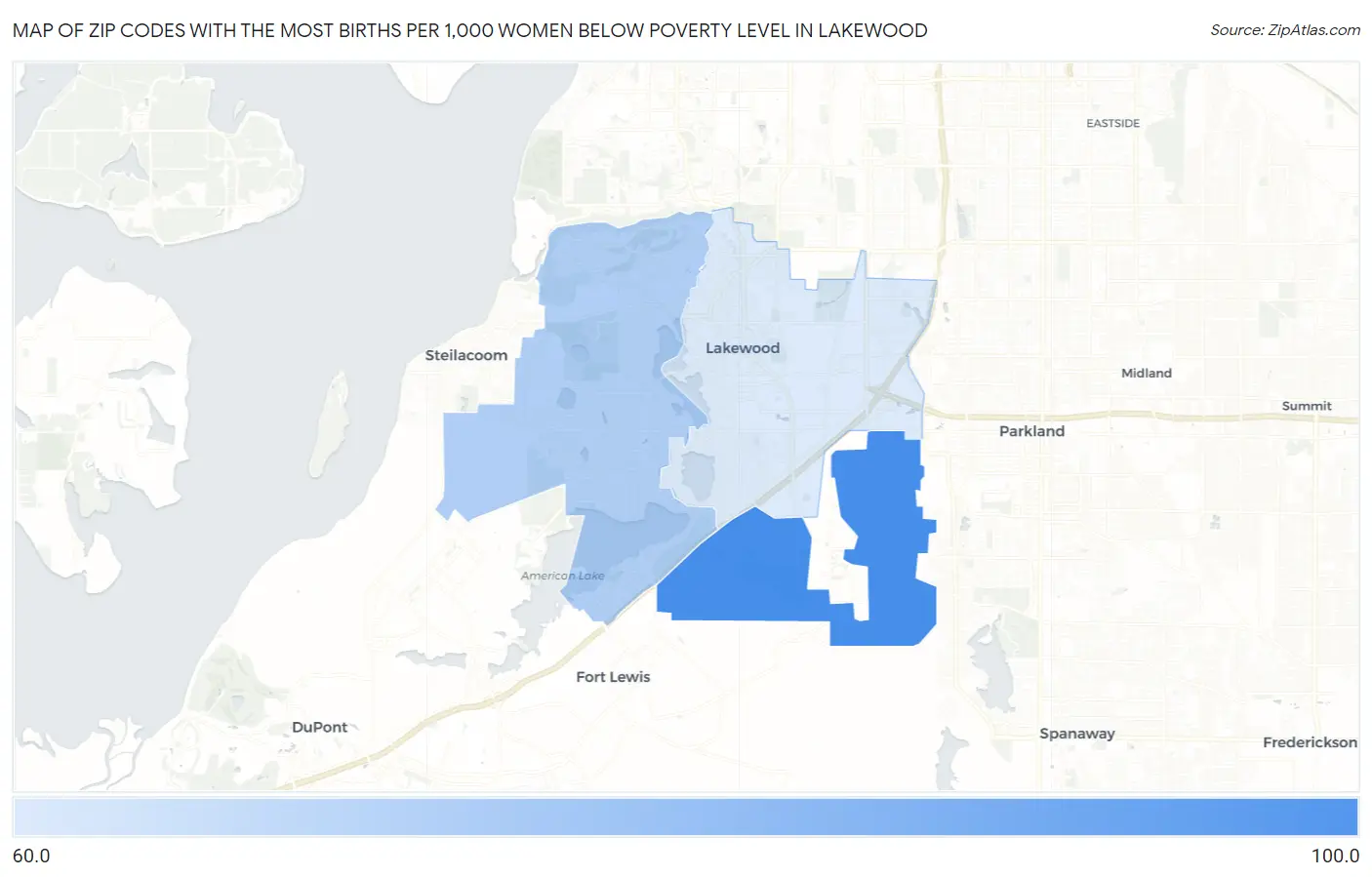 Zip Codes with the Most Births per 1,000 Women Below Poverty Level in Lakewood Map