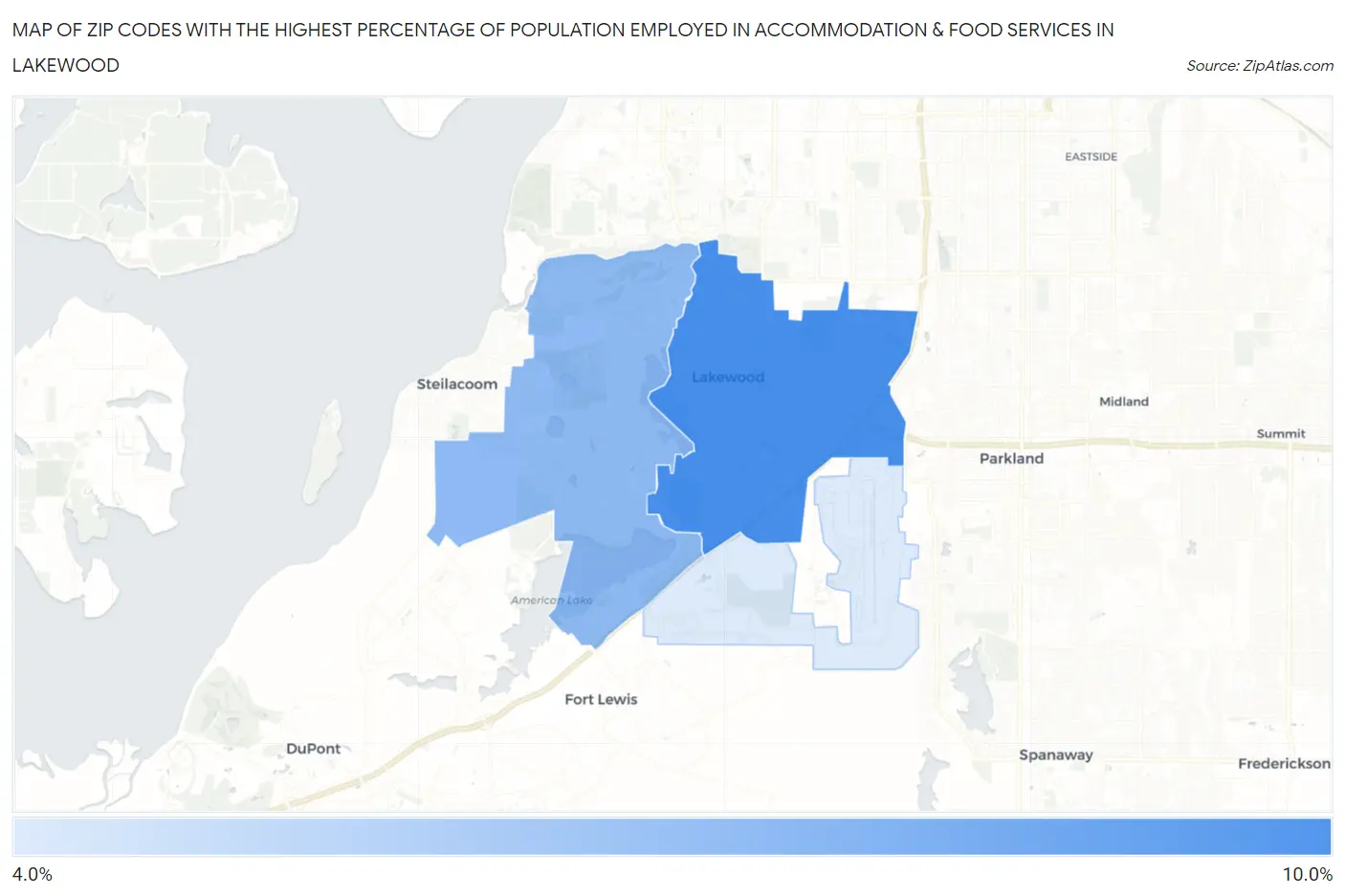 Zip Codes with the Highest Percentage of Population Employed in Accommodation & Food Services in Lakewood Map