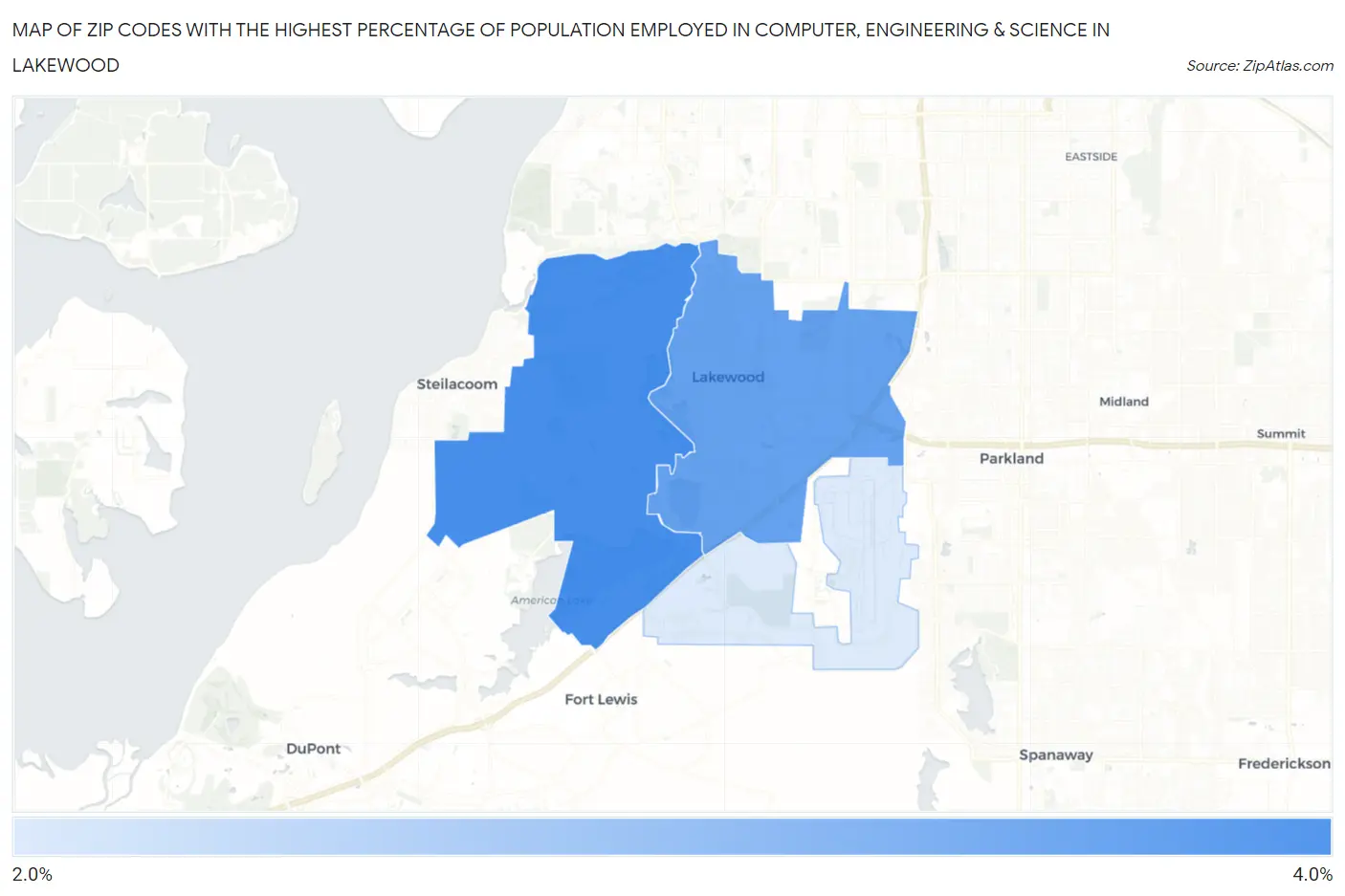 Zip Codes with the Highest Percentage of Population Employed in Computer, Engineering & Science in Lakewood Map