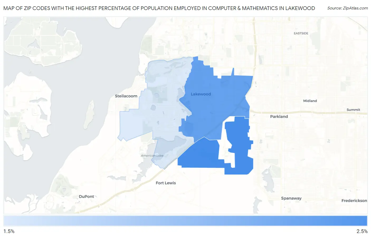 Zip Codes with the Highest Percentage of Population Employed in Computer & Mathematics in Lakewood Map