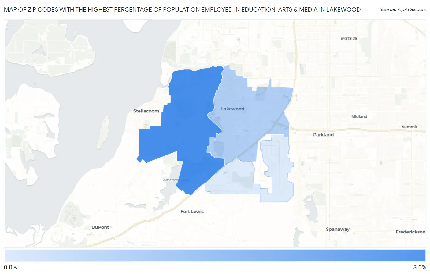 Zip Codes with the Highest Percentage of Population Employed in Education, Arts & Media in Lakewood Map