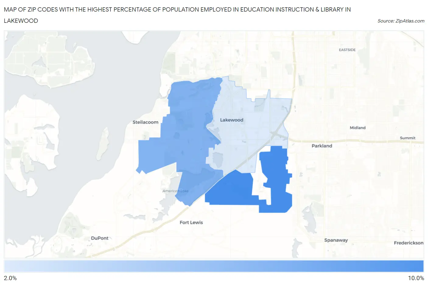 Zip Codes with the Highest Percentage of Population Employed in Education Instruction & Library in Lakewood Map