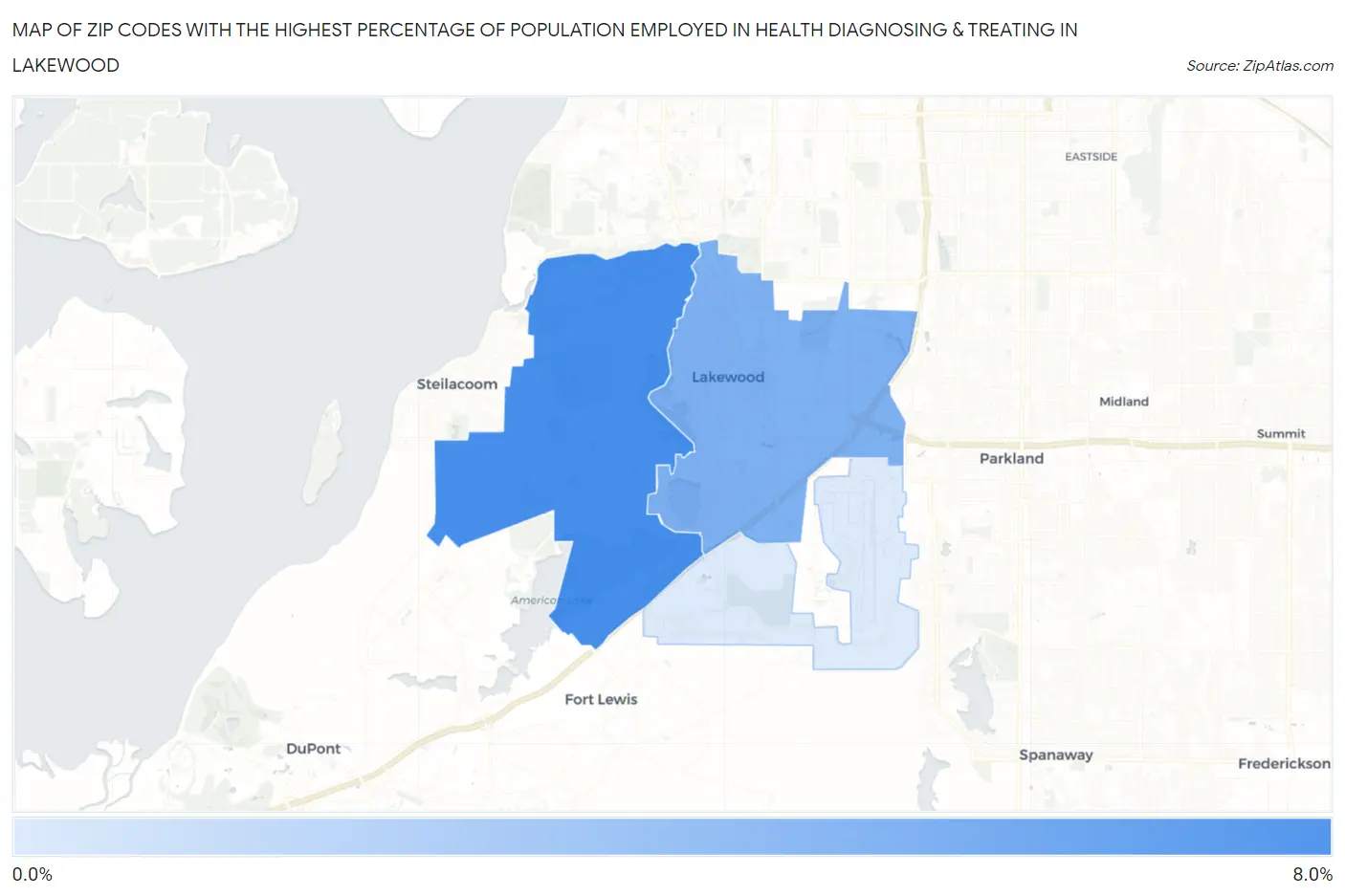 Zip Codes with the Highest Percentage of Population Employed in Health Diagnosing & Treating in Lakewood Map
