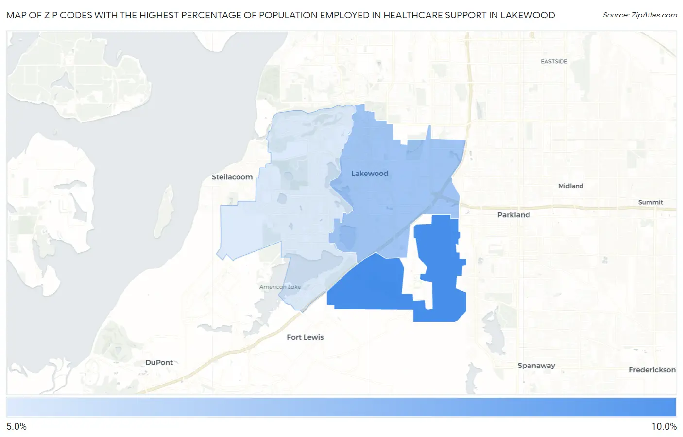 Zip Codes with the Highest Percentage of Population Employed in Healthcare Support in Lakewood Map