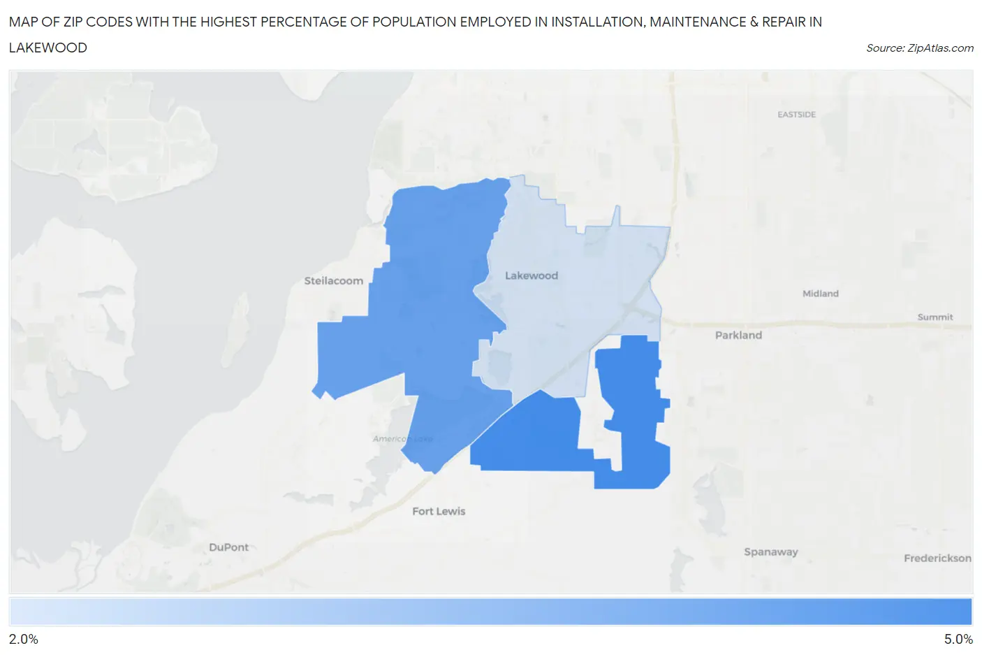 Zip Codes with the Highest Percentage of Population Employed in Installation, Maintenance & Repair in Lakewood Map