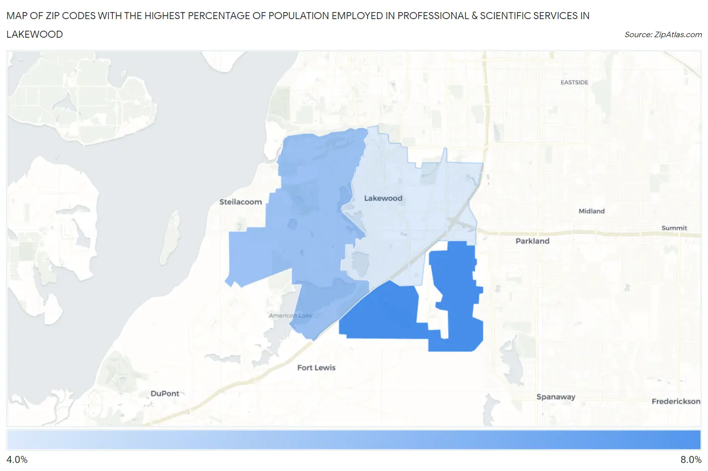 Zip Codes with the Highest Percentage of Population Employed in Professional & Scientific Services in Lakewood Map