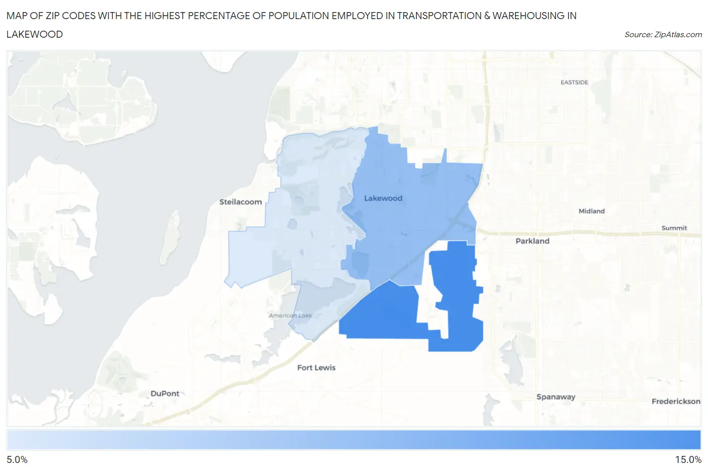 Zip Codes with the Highest Percentage of Population Employed in Transportation & Warehousing in Lakewood Map