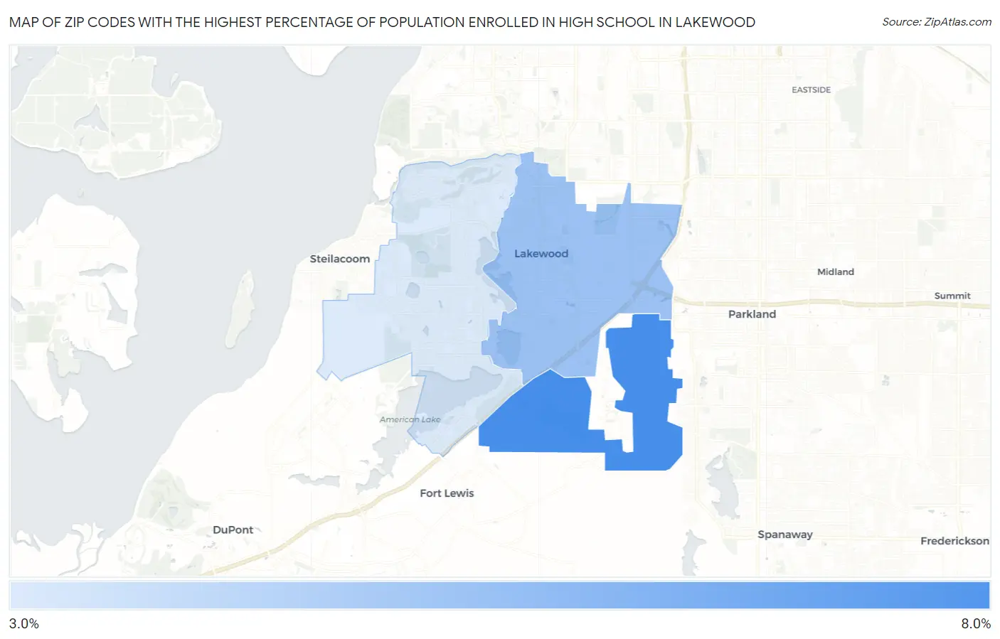 Zip Codes with the Highest Percentage of Population Enrolled in High School in Lakewood Map