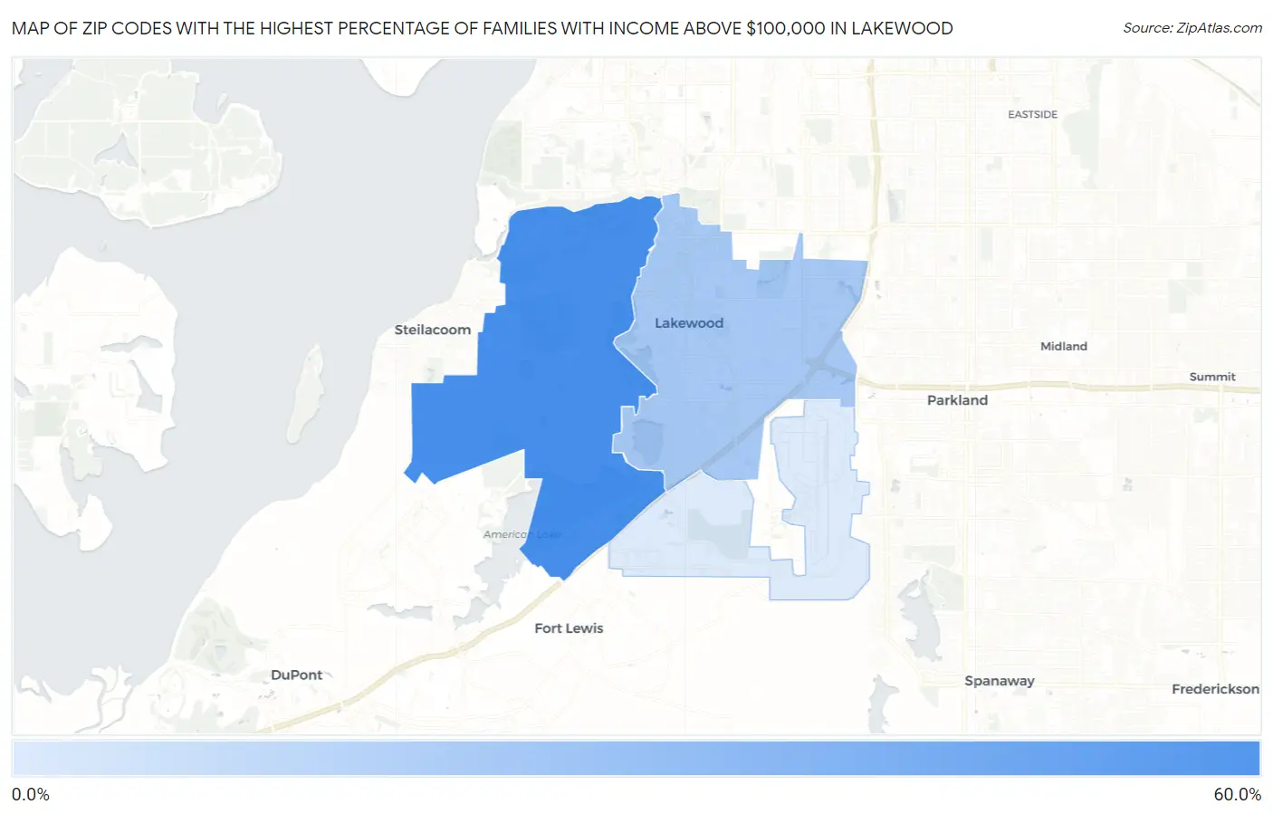 Zip Codes with the Highest Percentage of Families with Income Above $100,000 in Lakewood Map