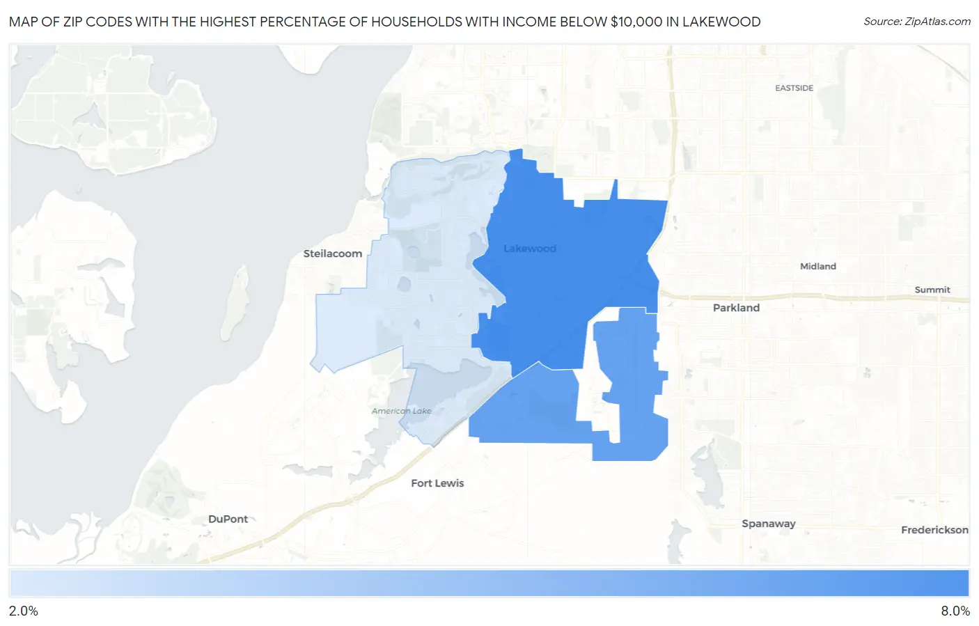 Zip Codes with the Highest Percentage of Households with Income Below $10,000 in Lakewood Map