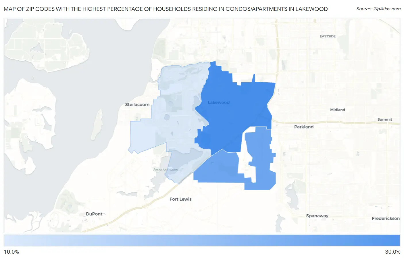Zip Codes with the Highest Percentage of Households Residing in Condos/Apartments in Lakewood Map