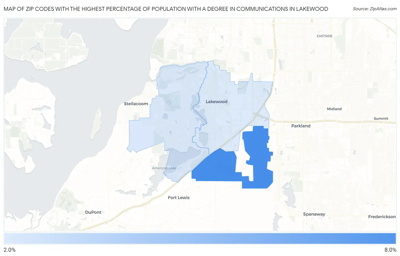 Zip Codes with the Highest Percentage of Population with a Degree in Communications in Lakewood Map