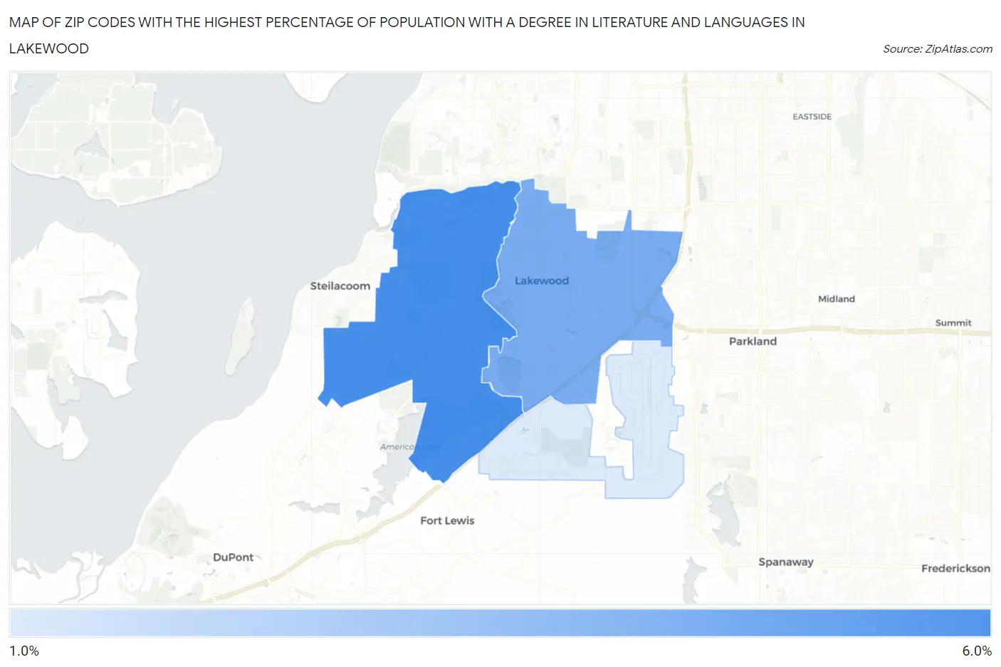 Zip Codes with the Highest Percentage of Population with a Degree in Literature and Languages in Lakewood Map