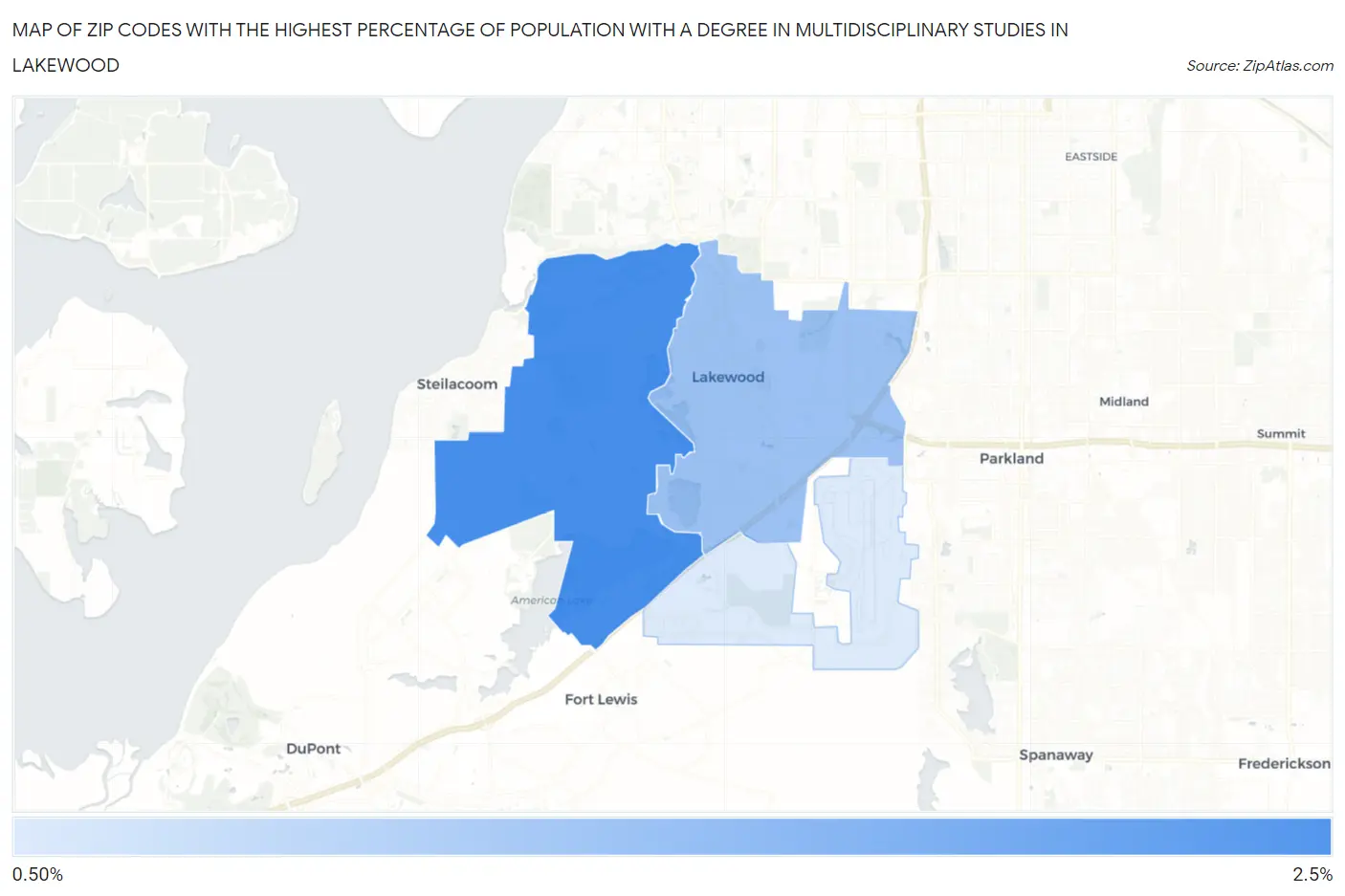 Zip Codes with the Highest Percentage of Population with a Degree in Multidisciplinary Studies in Lakewood Map