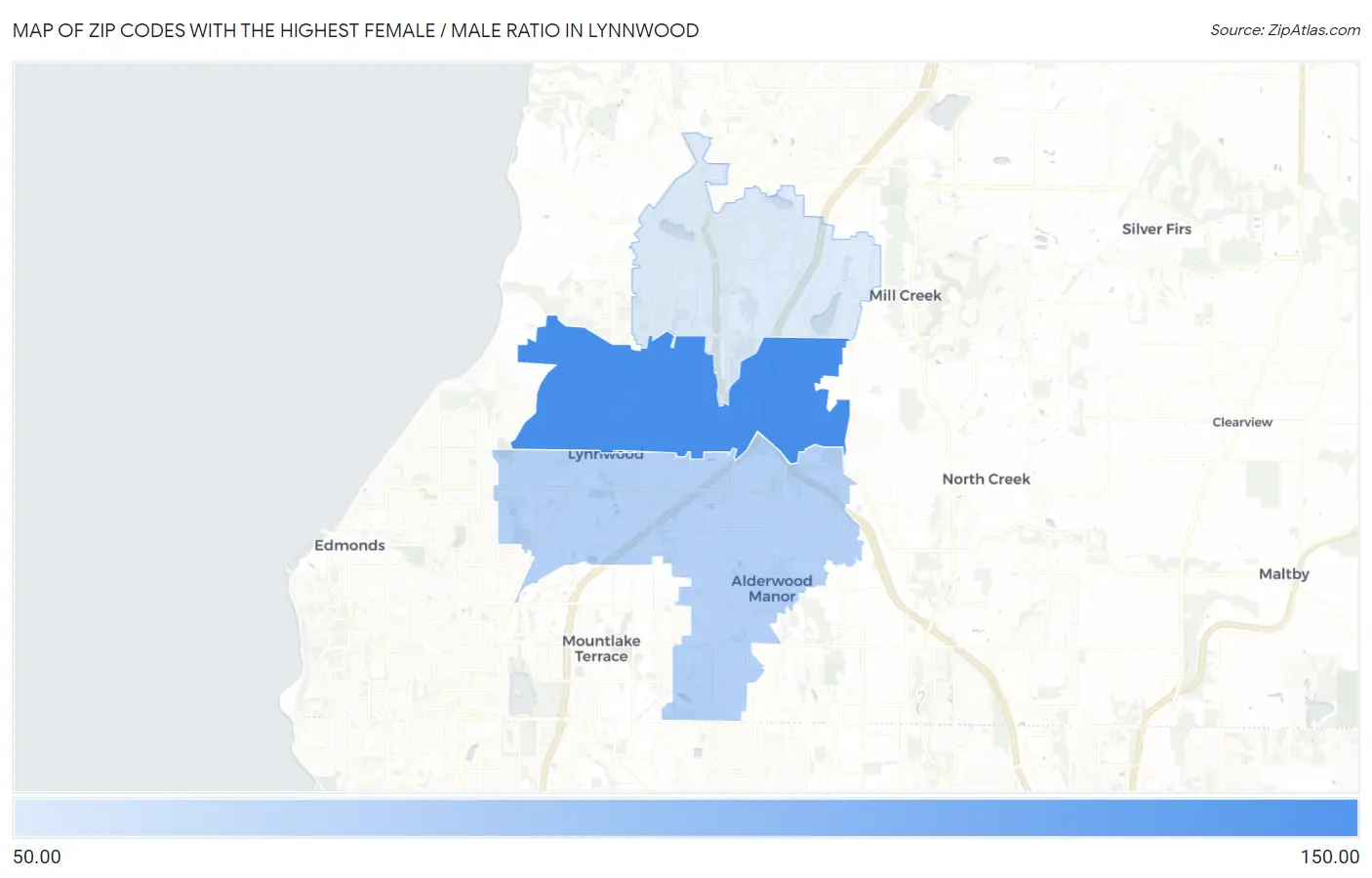 Zip Codes with the Highest Female / Male Ratio in Lynnwood Map