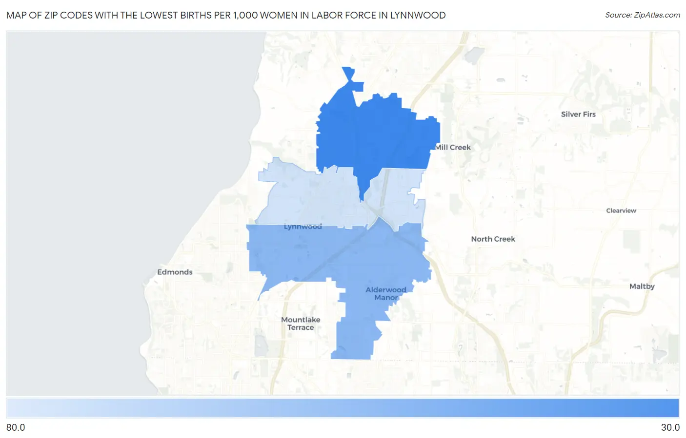 Zip Codes with the Lowest Births per 1,000 Women in Labor Force in Lynnwood Map