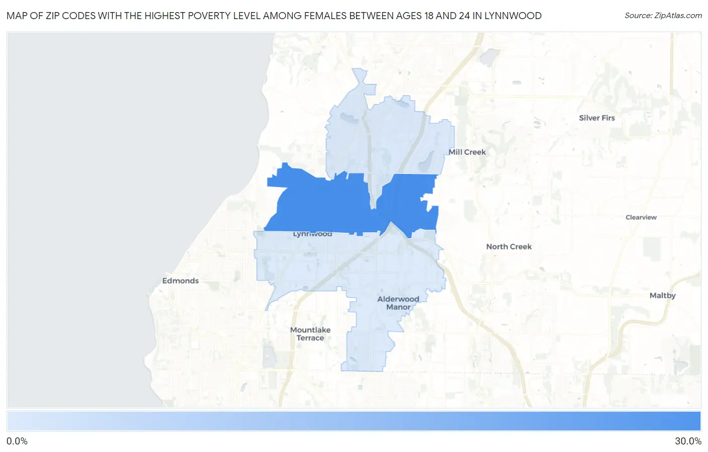 Zip Codes with the Highest Poverty Level Among Females Between Ages 18 and 24 in Lynnwood Map