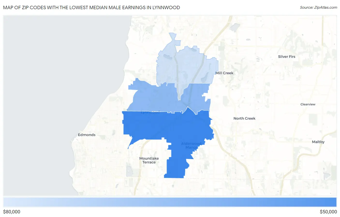 Zip Codes with the Lowest Median Male Earnings in Lynnwood Map