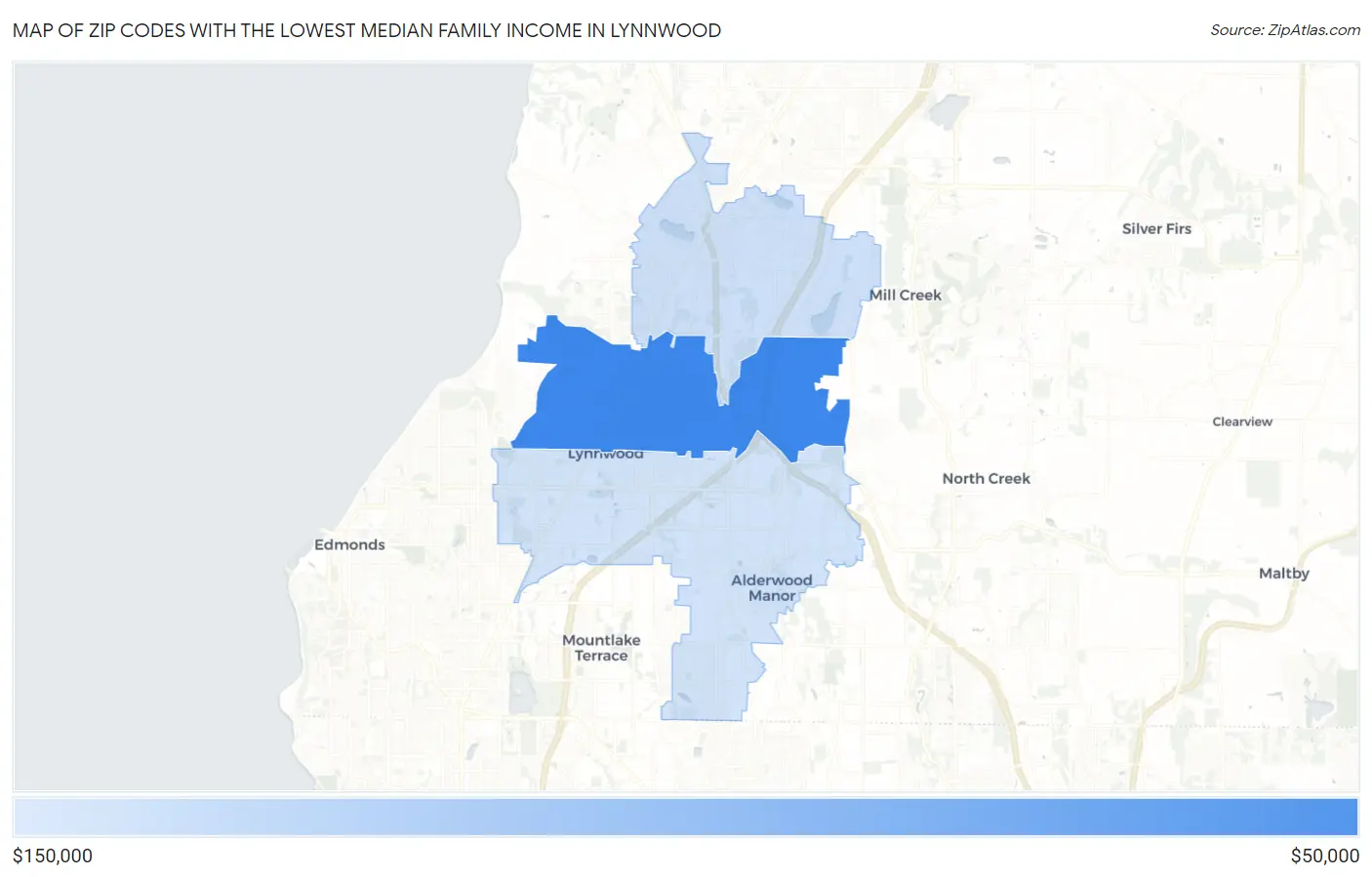 Zip Codes with the Lowest Median Family Income in Lynnwood Map