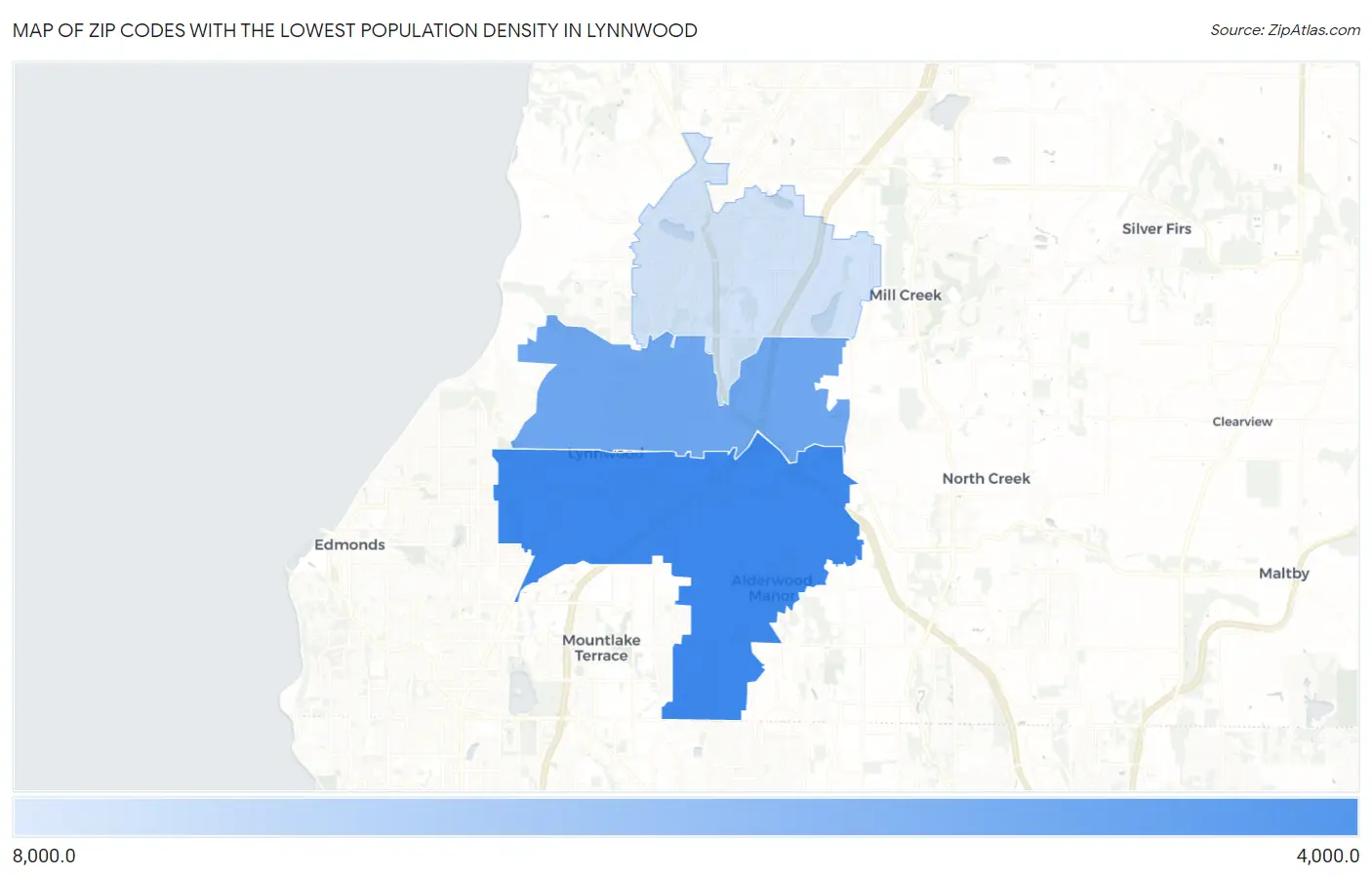 Zip Codes with the Lowest Population Density in Lynnwood Map
