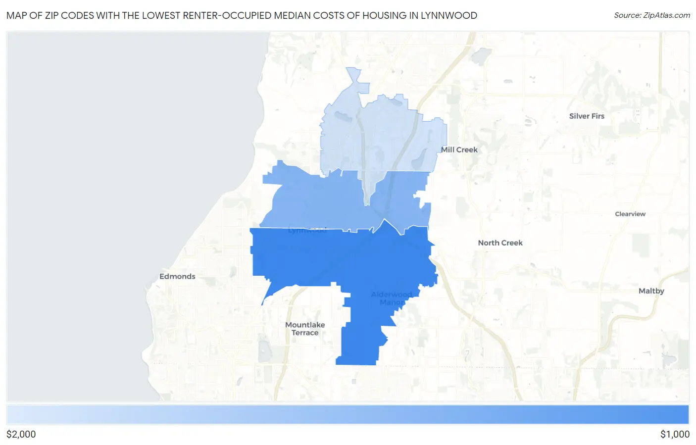 Zip Codes with the Lowest Renter-Occupied Median Costs of Housing in Lynnwood Map