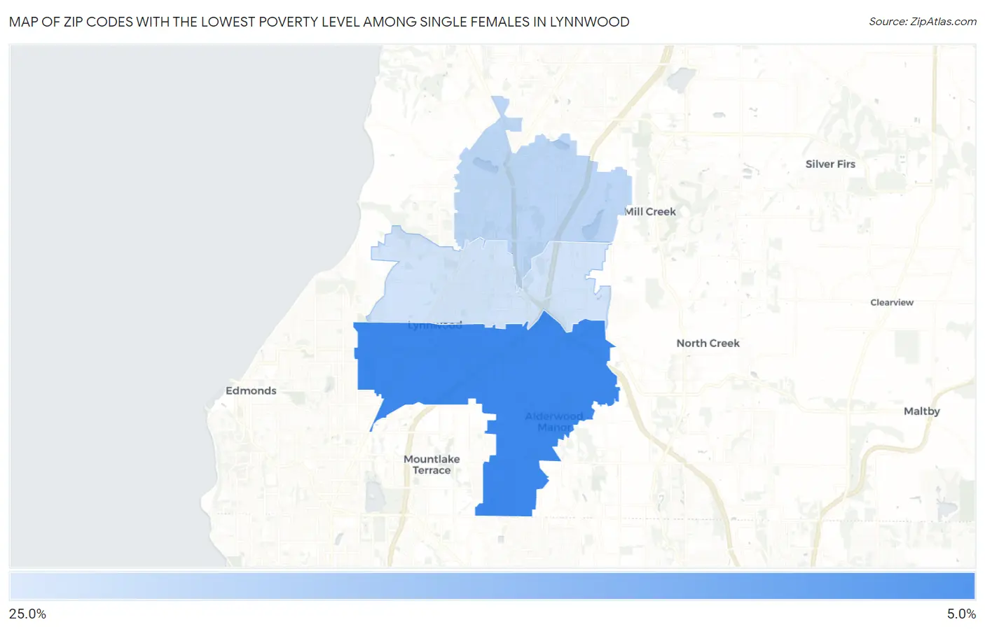 Zip Codes with the Lowest Poverty Level Among Single Females in Lynnwood Map