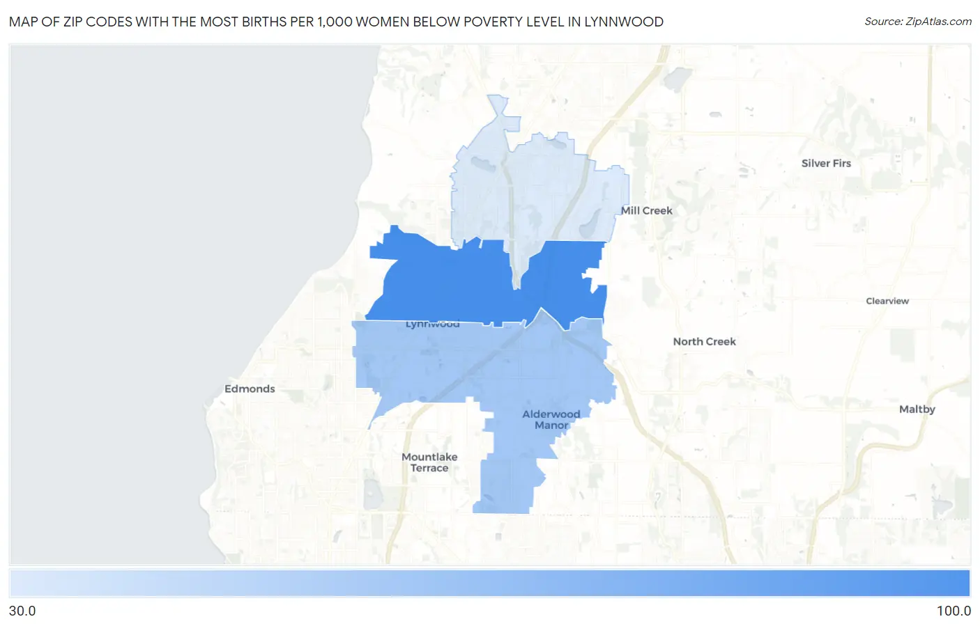 Zip Codes with the Most Births per 1,000 Women Below Poverty Level in Lynnwood Map