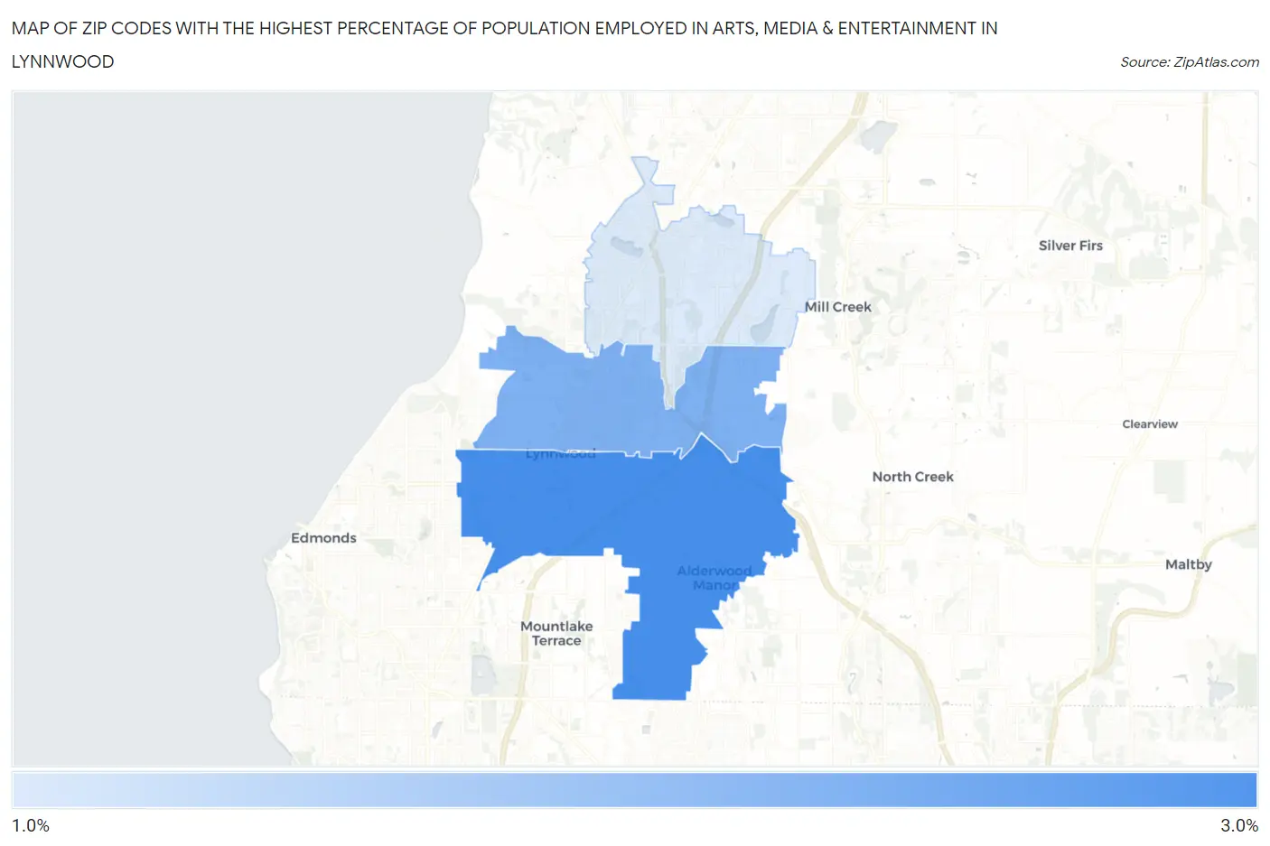 Zip Codes with the Highest Percentage of Population Employed in Arts, Media & Entertainment in Lynnwood Map