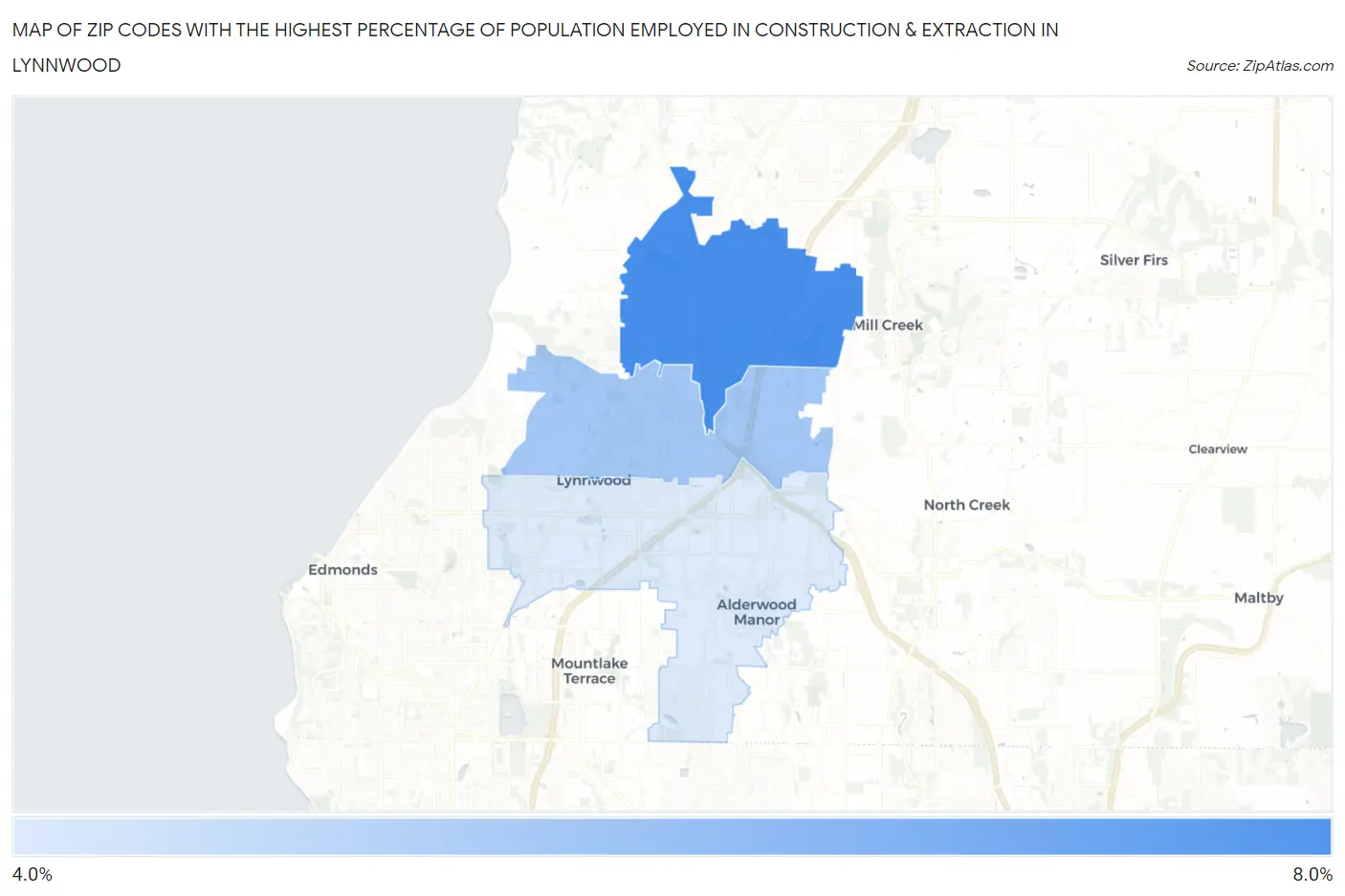 Zip Codes with the Highest Percentage of Population Employed in Construction & Extraction in Lynnwood Map