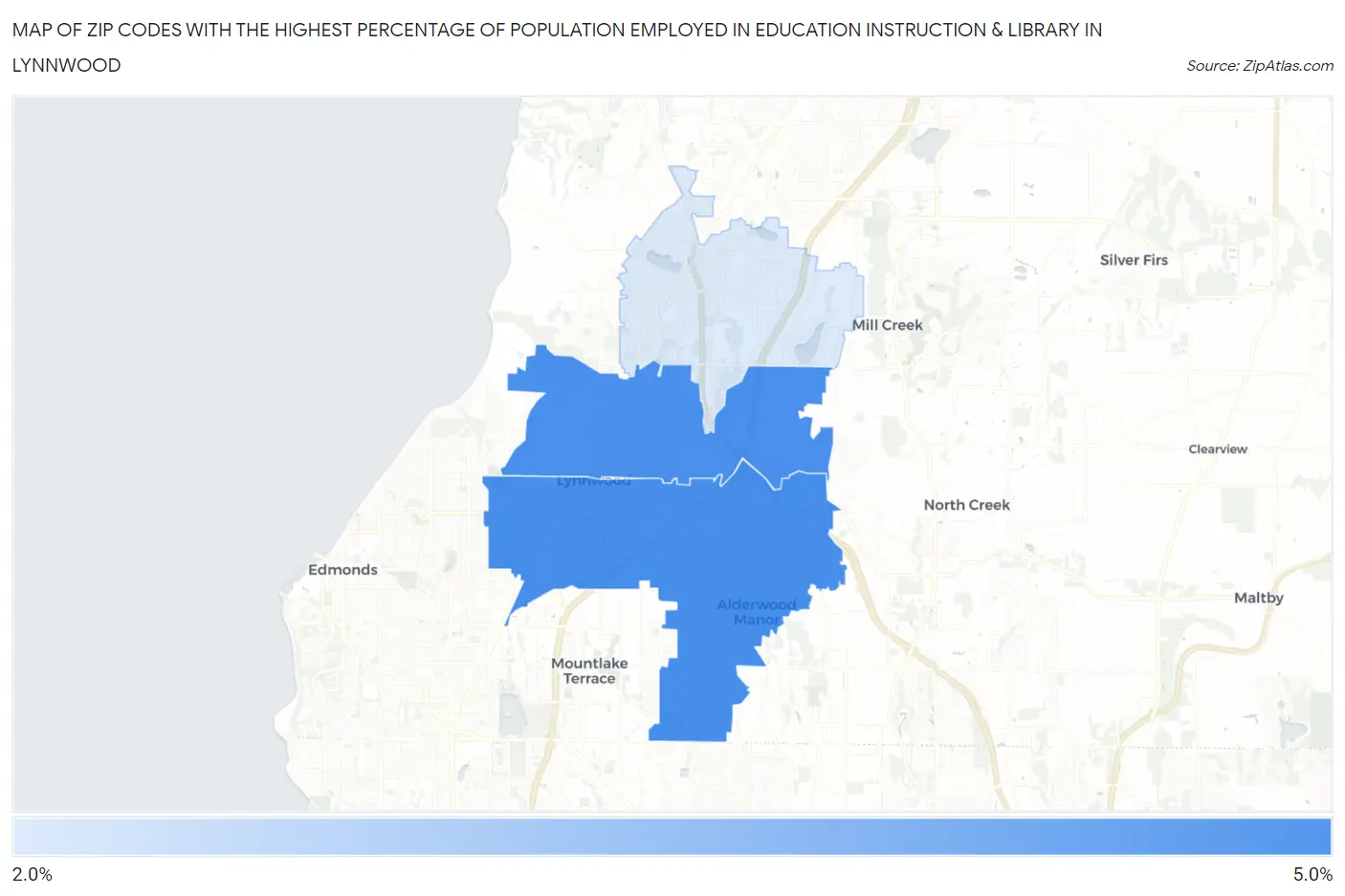 Zip Codes with the Highest Percentage of Population Employed in Education Instruction & Library in Lynnwood Map