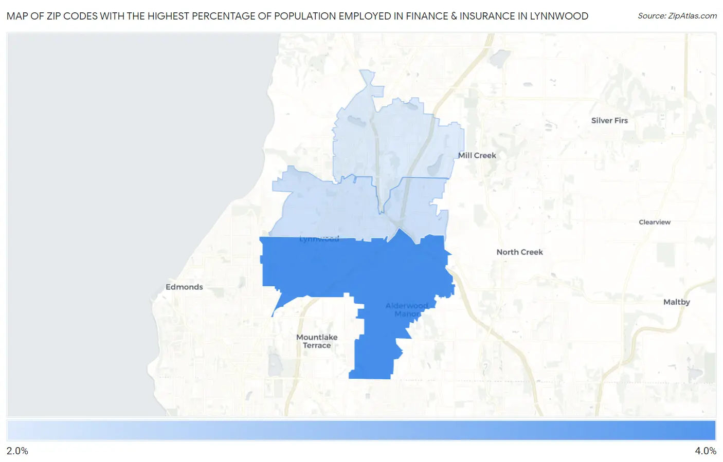 Zip Codes with the Highest Percentage of Population Employed in Finance & Insurance in Lynnwood Map