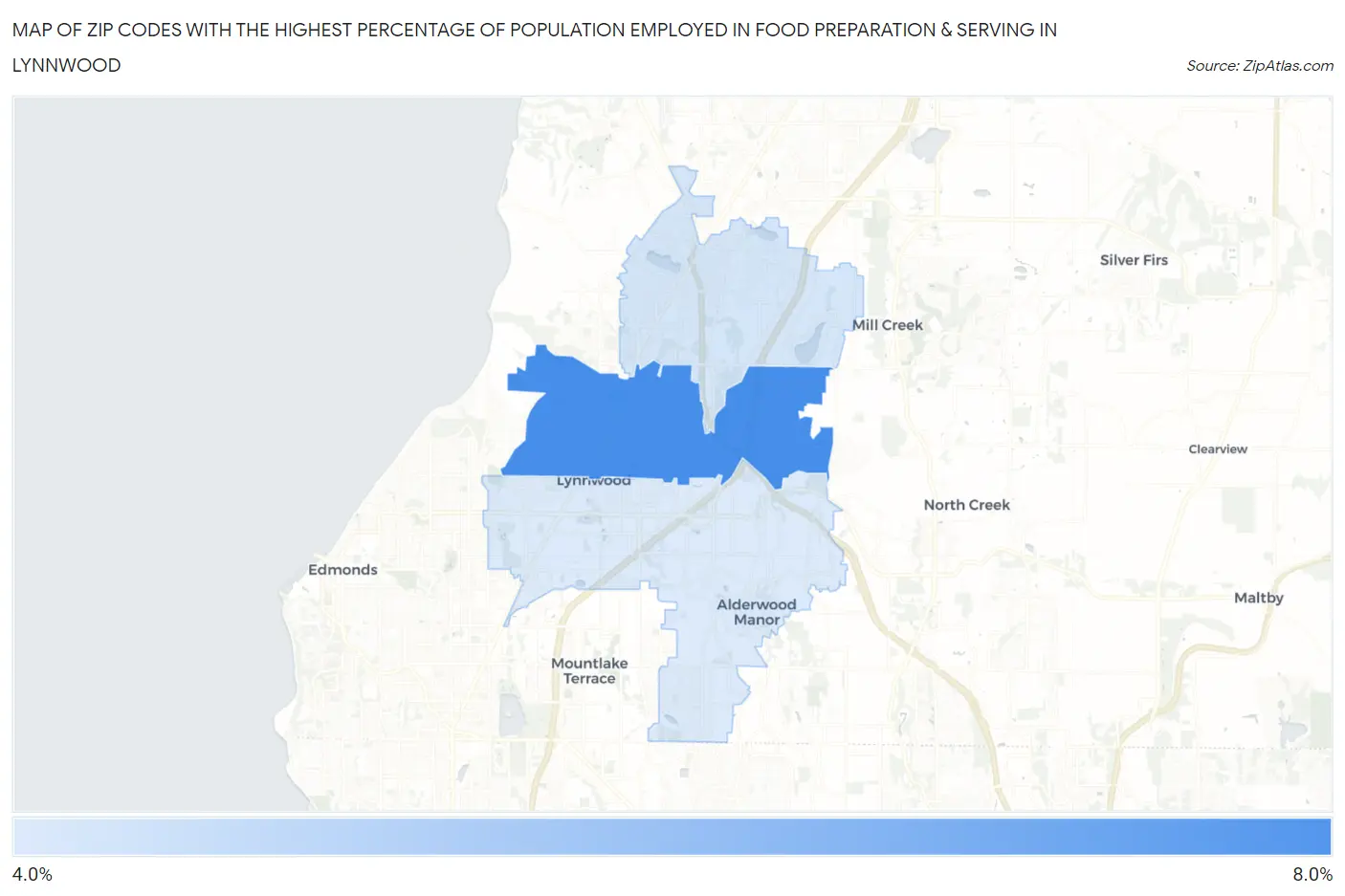 Zip Codes with the Highest Percentage of Population Employed in Food Preparation & Serving in Lynnwood Map