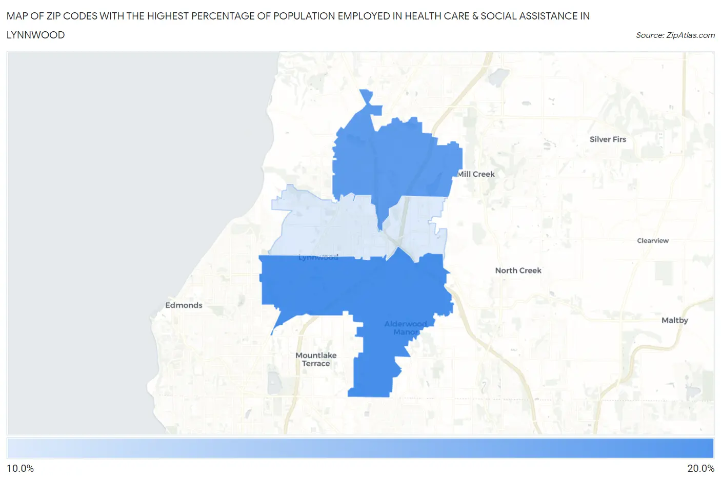 Zip Codes with the Highest Percentage of Population Employed in Health Care & Social Assistance in Lynnwood Map