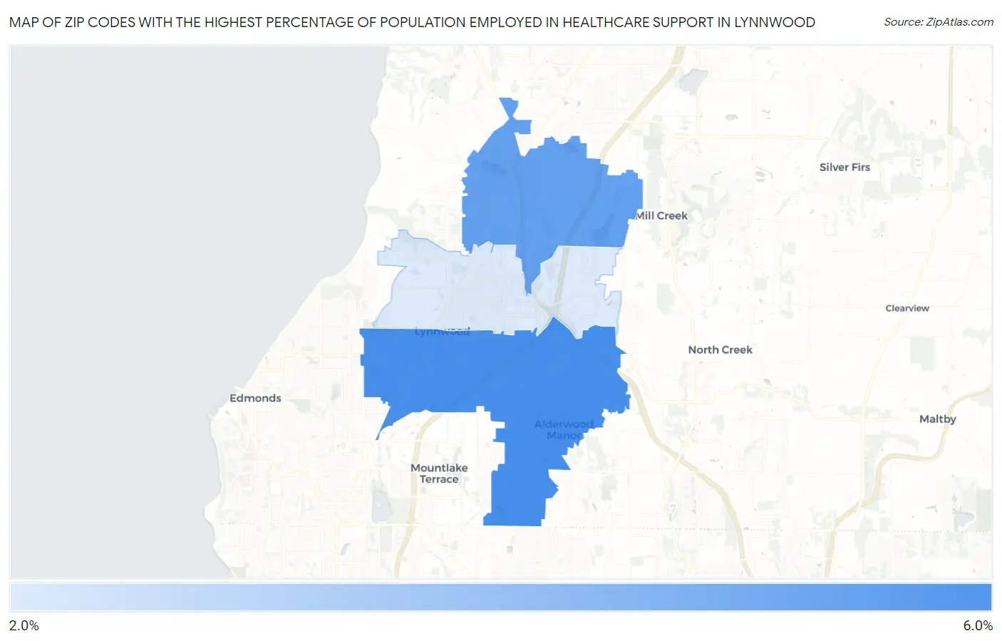 Zip Codes with the Highest Percentage of Population Employed in Healthcare Support in Lynnwood Map