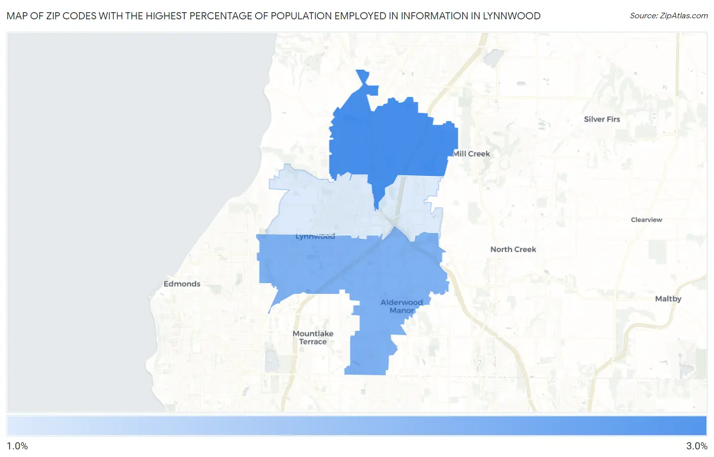 Zip Codes with the Highest Percentage of Population Employed in Information in Lynnwood Map