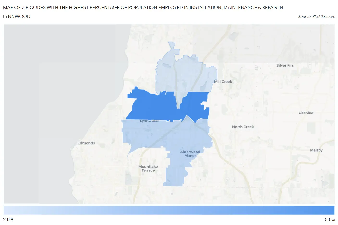 Zip Codes with the Highest Percentage of Population Employed in Installation, Maintenance & Repair in Lynnwood Map