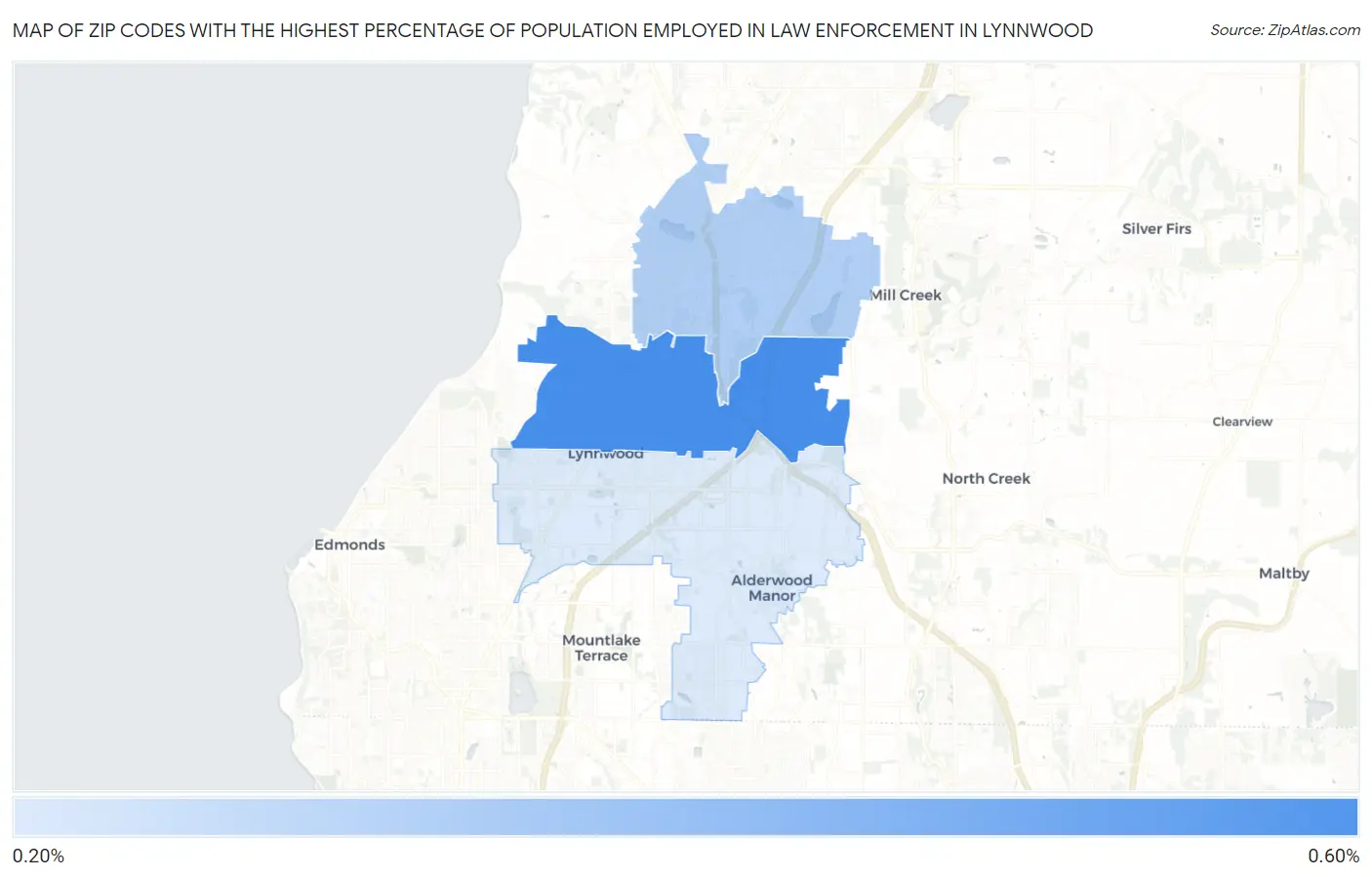 Zip Codes with the Highest Percentage of Population Employed in Law Enforcement in Lynnwood Map