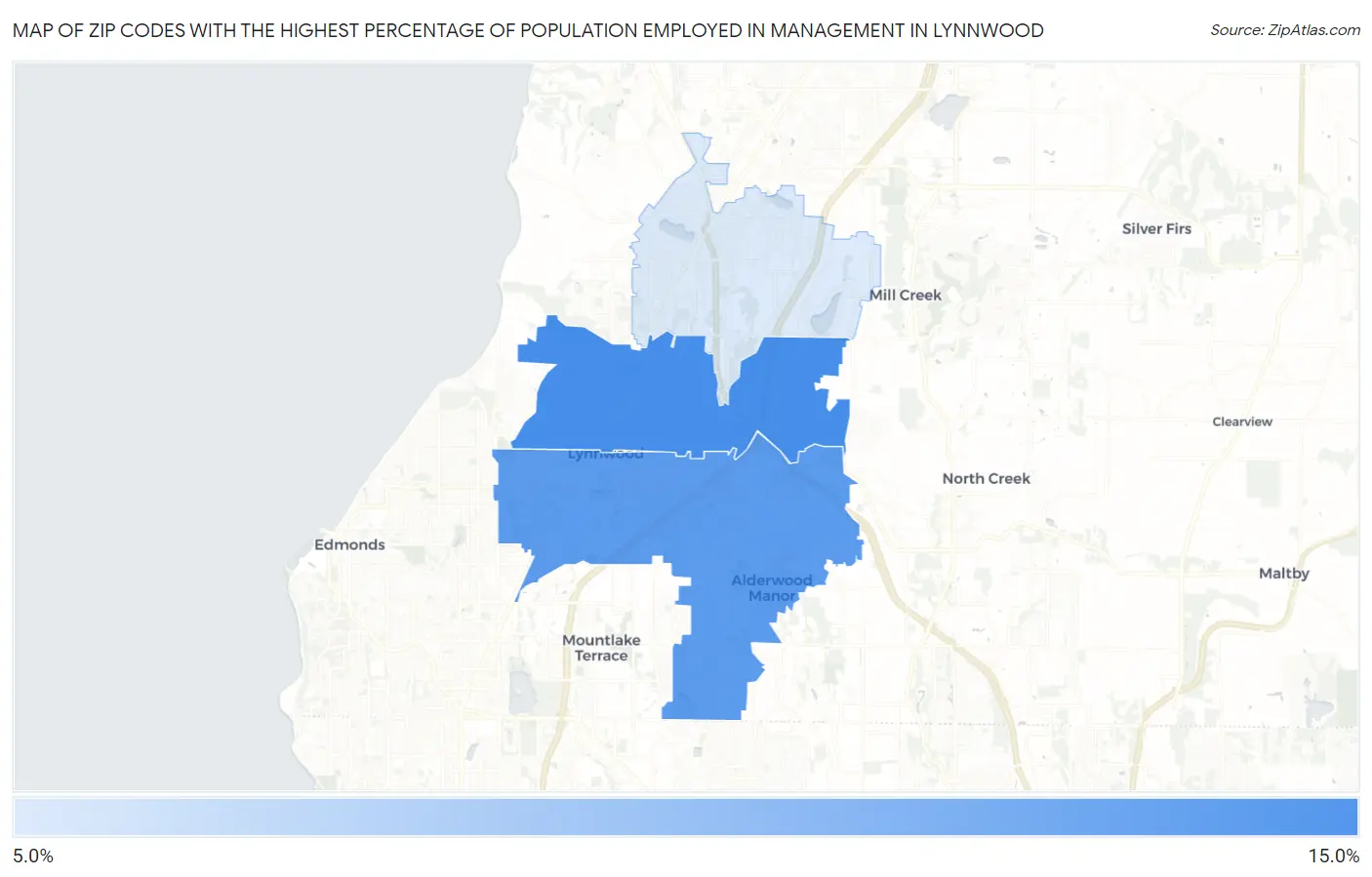 Zip Codes with the Highest Percentage of Population Employed in Management in Lynnwood Map