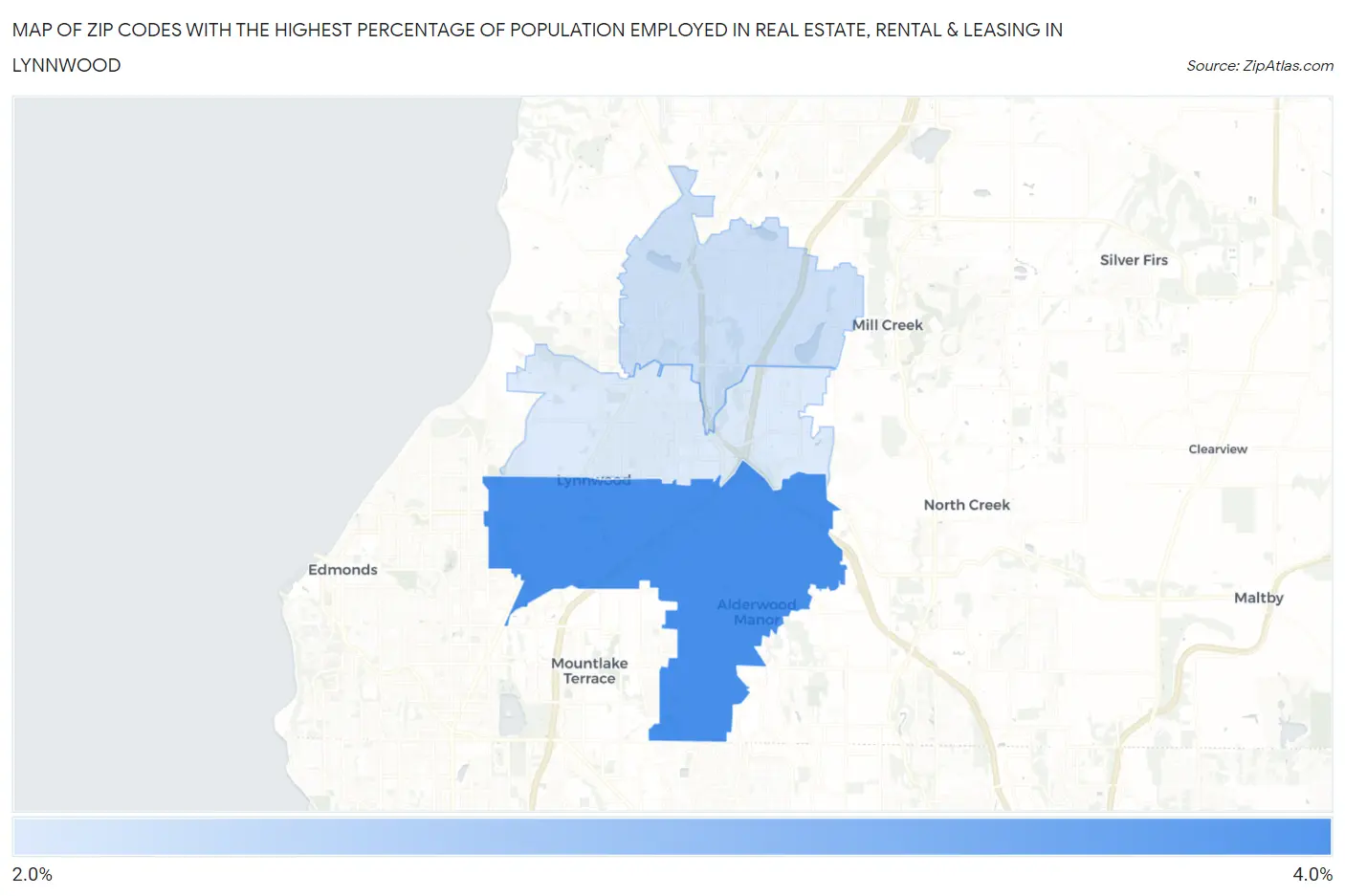 Zip Codes with the Highest Percentage of Population Employed in Real Estate, Rental & Leasing in Lynnwood Map
