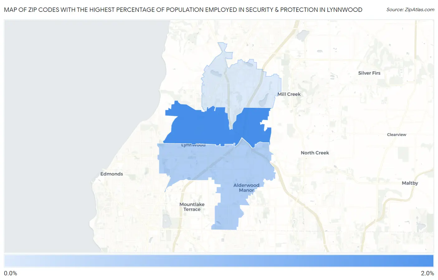 Zip Codes with the Highest Percentage of Population Employed in Security & Protection in Lynnwood Map