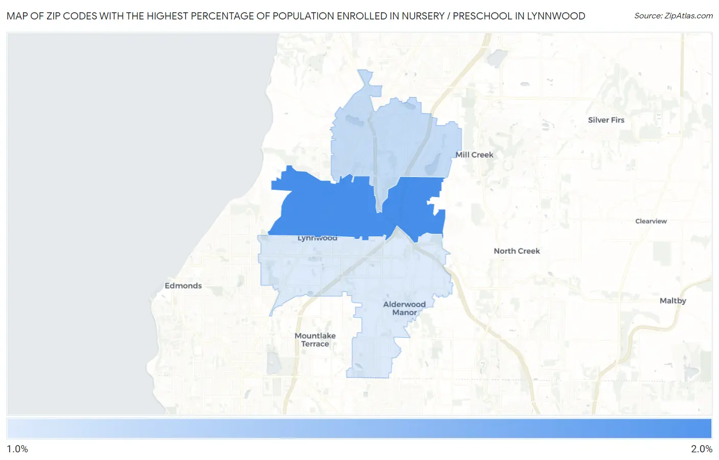 Zip Codes with the Highest Percentage of Population Enrolled in Nursery / Preschool in Lynnwood Map